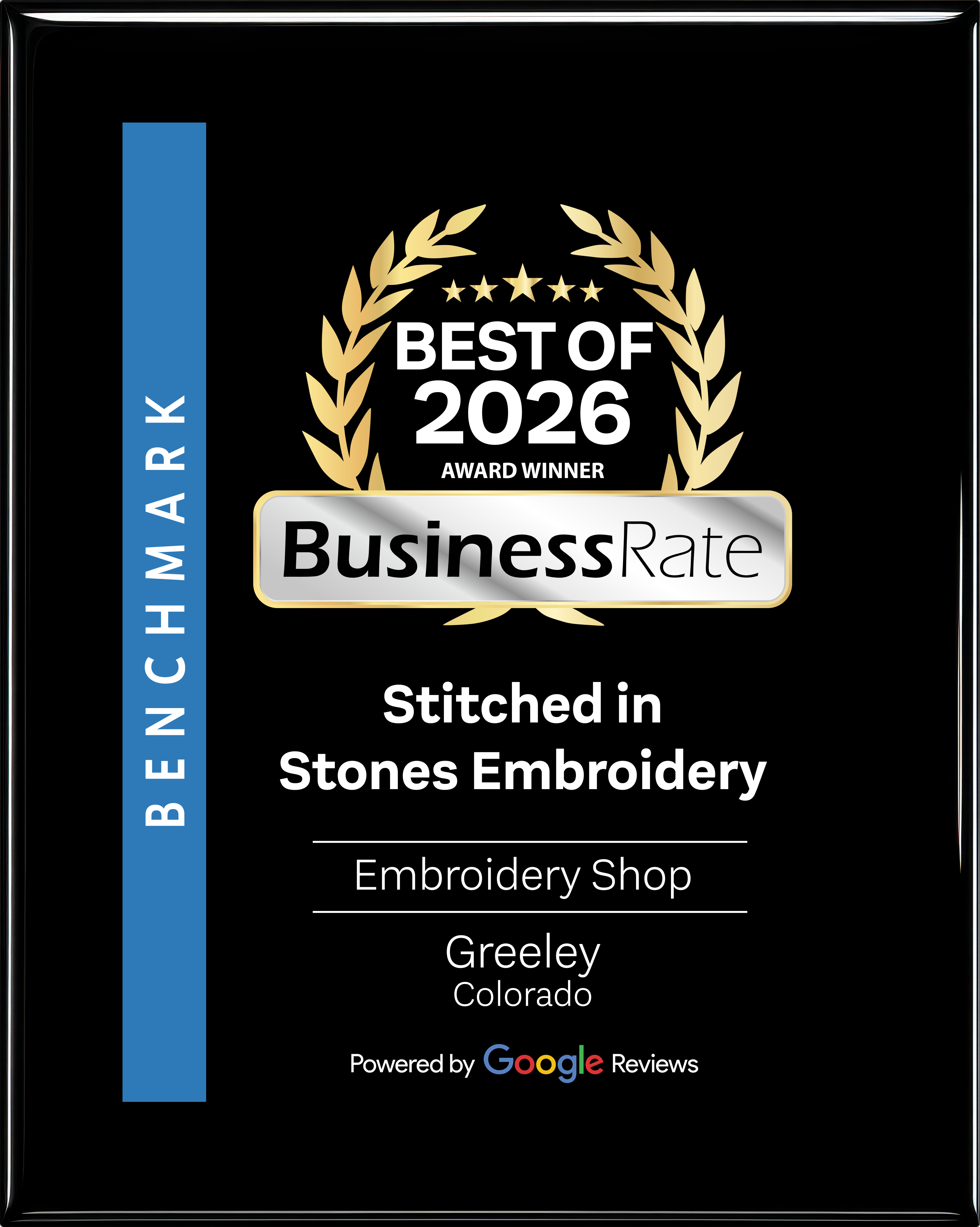 Award plaque recognizing Stitched In Stones Custom Apparel